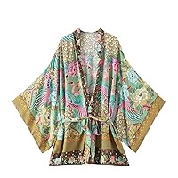 Rayon Kimono Robes Peacock Floral Print Batwing Sleeve Women Ethnic Folk Kimono Cover Ups Tops