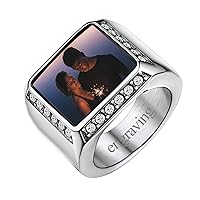FindChic Customized Signet Photo Rings Square/Heart/Round Chunky Band Ring Stainless Steel/18K Gold Plated/Black Size 7 to 14 Personalized Jewelry for Men Women, Send Gift Box