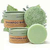 Shampoo and Conditioner Bar (Peppermint + Eucalyptus) with Travel Container | Natural Salon Quality Shampoo, Zero Waste & Plastic Free