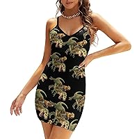 Golden Retriever Riding Dinosaur Women's Spaghetti Strap Dress Sexy Sleeveless V-Neck Dress Mini Bodycon Dresses