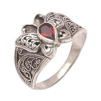 NOVICA Artisan Handmade Garnet Cocktail Ring with Butterfly Motif .925 Sterling Silver Indonesia Gemstone Animal Themed Bug Butterflybutterfly 'Blazing Butterfly'