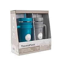 Premium Quality Double Wall Insulated Stainless Steel Tumbler with Handle and Straw Lid, 32 Ounce, 2-Pack, Crystal Teal/Circular Grey
