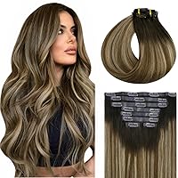 Full Shine Human Hair Clip in Extensions Brown Hair Extensions 20 Inch Ombre Dark Brown To Light Brown Mix Blonde Volume Soft Straight Hair Extensions Real Human Hair 8pcs 120 Grams