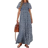 Pretty Garden Womens Floral Summer Casual Flutter Short Sleeve Crew Neck Smocked Tiered Long Dresses