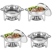 Chafing Dish Buffet Set 4 Pack, 5QT Round Stainless Steel Chafer for Catering in Glass Lid, Chafers and Buffet Warmer Sets w/Food & Water Pan, Lid, Frame, Fuel Holder for Event Party Holiday