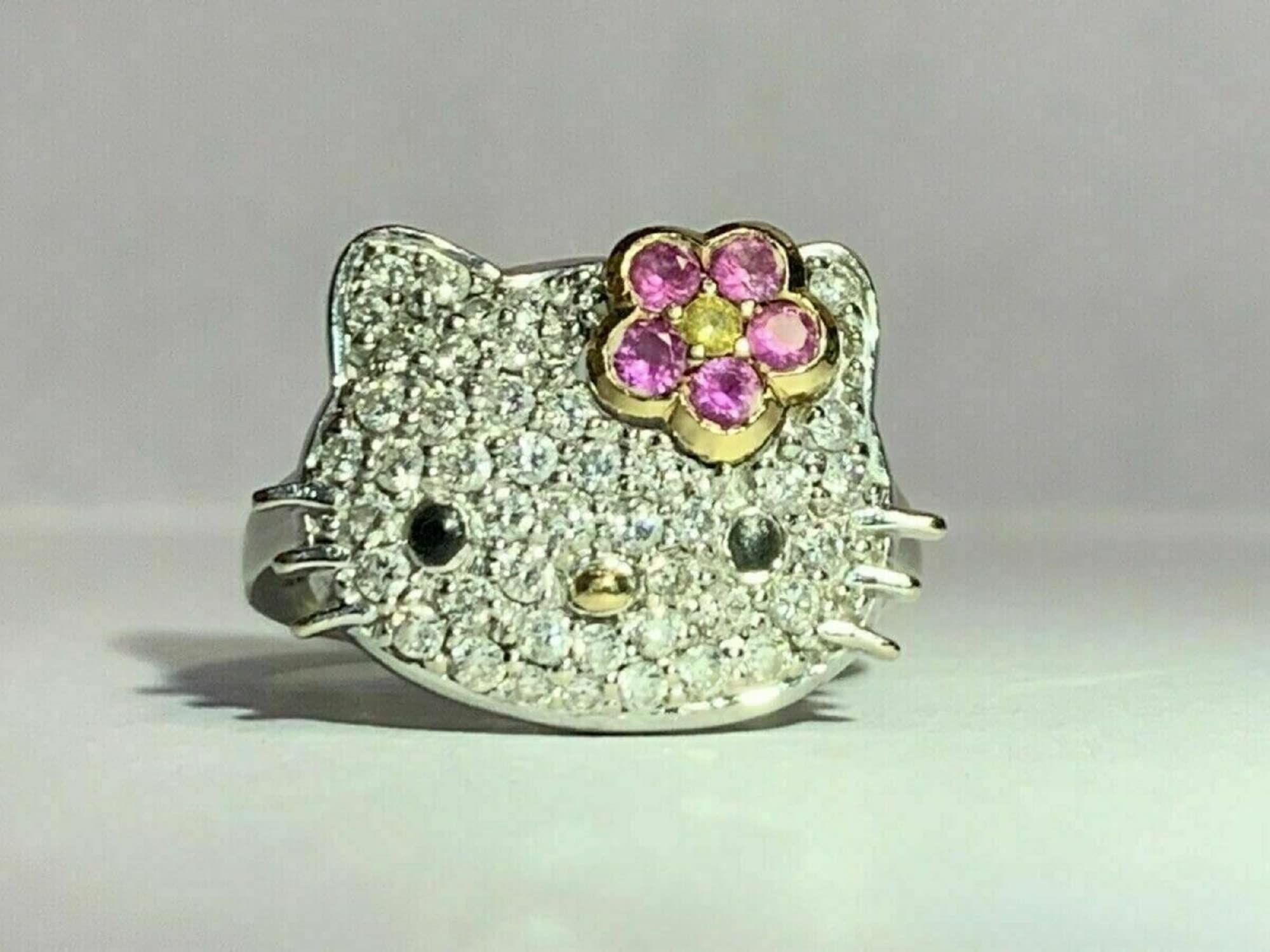 Dazzle Rainbow Jewelry Hello Kitty Diamond Ring /2CT Round Cut Fully Iced Diamond Solid 925 Sterling Silver/Art Deco Ring/Women's Gift Cute Kitty Ring