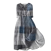 Dresses for Women 2024, Womens Large Color Block Print Lapel Button 3/4 Sleeves Tie Up Plaid Dress, S, 3XL