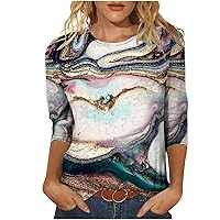 Trendy Tops for Women 2023 2024 Floral 3/4 Sleeve Round Neck Blouse Shirt Marble Print Comfy Tshirt Tunic Fashion
