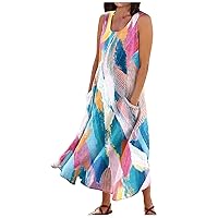 Linen Dress for Women Summer Casual Sleeveless Long Dress Flowy Tank Dress Printed Maxi Dresses with Pockets