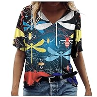Camisas de Verano Mujer Blusas Estampado abeja libélula y Mariposa Blusas Manga Corta Camisetas Tela con Cuello de pico