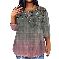 Three Quarter Sleeve AI Independence Day 2024 Summer Tops Women's Fashion Plus Size Casual Printed Round Neck Top with Pocket
