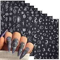 8 Sheets Metallic Silver Stars Nail Stickers 3D Sun Star Nail Decals Holographic Sun Stars Moon Starlight Glitter Gold Silver Designs DIY Luxury Manicure Sliders Decorations for Women Girls
