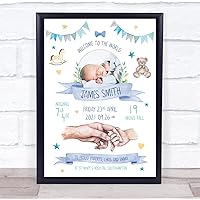 The Card Zoo New Baby Birth Details Nursery Christening Banner Blue Photo Keepsake Gift Print