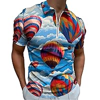Hot Air Balloons Men's Short Sleeve Polo Shirts Casual Zippered Golf Shirt Slim Fit T-Shirt Tops