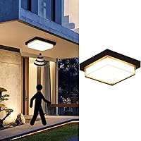 Outdoor Flush Mount Ceiling Light Fixture with Motion Sensor, LED Warm&White Light Porch Lights Ceiling Mount Black with Acrylic Glass for Front Porch Deck Covered Patio Hallway (8.6