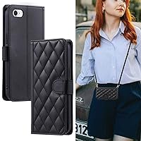 Crossbody Wallet for iPhone SE/iPhone 8 / iPhone 7 Case with Adjustable Lanyard Strap Credit Card Holder 5.5‘’,PU Leather Handbag Kickstand Lattice Pattern Cover Case for Men Women Girl (Black)