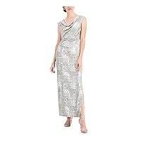 Connected Apparel Womens Silver Stretch Metallic Slitted Drape Neck Gathered Side Waist Printed Cap Sleeve Full-Length Formal Sheath Dress Petites 8P