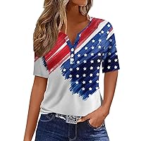 Womens 4Th of July Clothes Henley Shirt Button V Neck Patriotic Short Sleeve American Flag Shirt Summer Tops Blouse