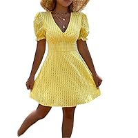 Women's Dress Gingham Puff Sleeve -line Dress Dress for Women (Color : Yellow, Size : Small)