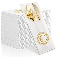 Monogrammed Disposable Pocket Napkins, 50 Pack White and Gold Letter C Guest Napkins Disposable Hand Towels for Bathroom Wedding Birthday Party Baby Shower