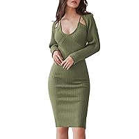 Pink Queen Womens Fall 2 Piece Outfits Bodycon Spaghetti Strap Sweater Dress And Long Sleeve Cropped Cardigan Knit Sets