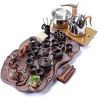 Brave Ke wood tea tray, tea sea ore purple sand kung fu tea set, send gift induction cooker 貔貅柯木茶盘,茶海道原矿紫砂功夫茶具套装,送礼品电磁炉