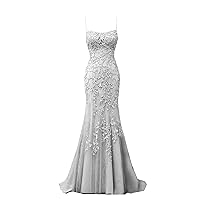 LIPOSA Mermaid Prom Dress for Women Tulle Lace Spaghetti Straps Backless Sleeveless Evening Formal Party Gowns Long