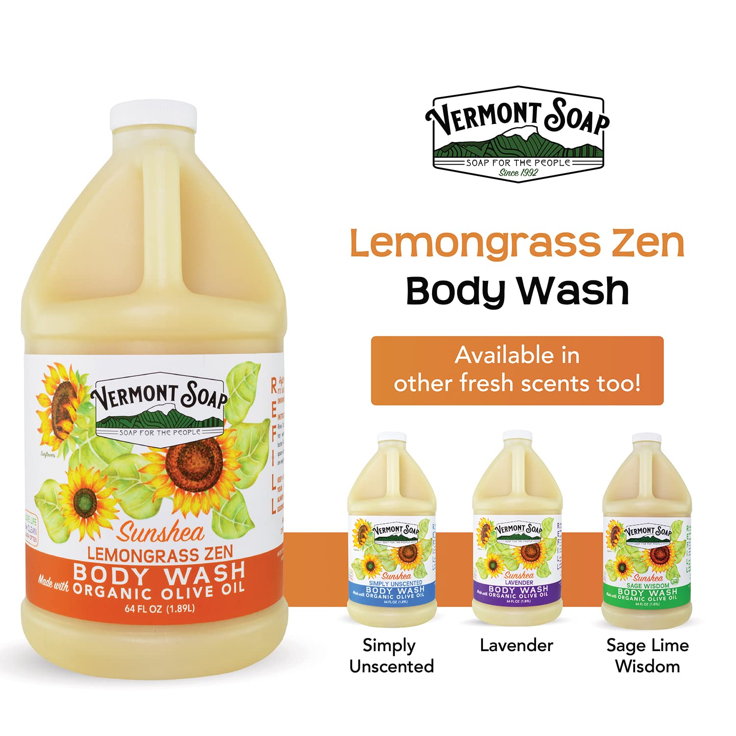 VERMONT SOAP Natural with Shea Butter Mild Gel Body Wash for Moisturizing and Soothing Skin, Fragrance Free for Women & Men (Lemongrass Zen, 64oz)