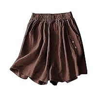 Women's Casual Shorts Elastic High Waist Cotton Linen Shorts with Pockets Summer Wide Leg Loose Fit Lightweight Shorts