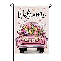 Welcome Spring Pink Truck Small Decorative Garden Flag, Tulip Flower Butterfly Yard Lawn Outside Decor, Seasonal Burlap Outdoor Home Decoration Double Sided 12 x 18