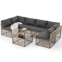 Pamapic 7 Pieces Outdoor Sectional Set, All-Weather PE Rattan Patio Conversation Set, Wicker Adjustable Patio Furniture Set with Washable Cushions Covers and Coffee Table, Brown Rattan, Gray Cushion