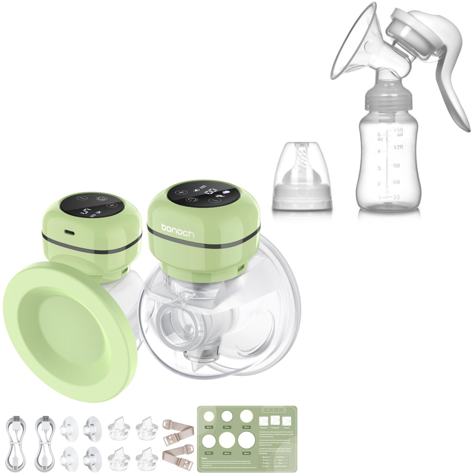 bonoch Wearable Breast Pump Hands Free, Electric Breast Pump Portable with 3 Modes 9 Level, Memory Function, Dust Cover, 19/22/26mm Flange, Milk Storage Bags, Nipple Ruler, Manual Breast Pump