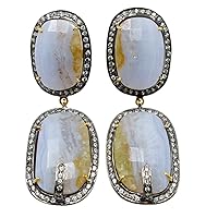 Silvesto India Handmade Jewelry Manufacturer Blue Earring - Blue Lace Agate & Cubic Zircon- Vermeil 925 Sterling Silver - Simple Minimal Earring Jaipur Rajasthan India