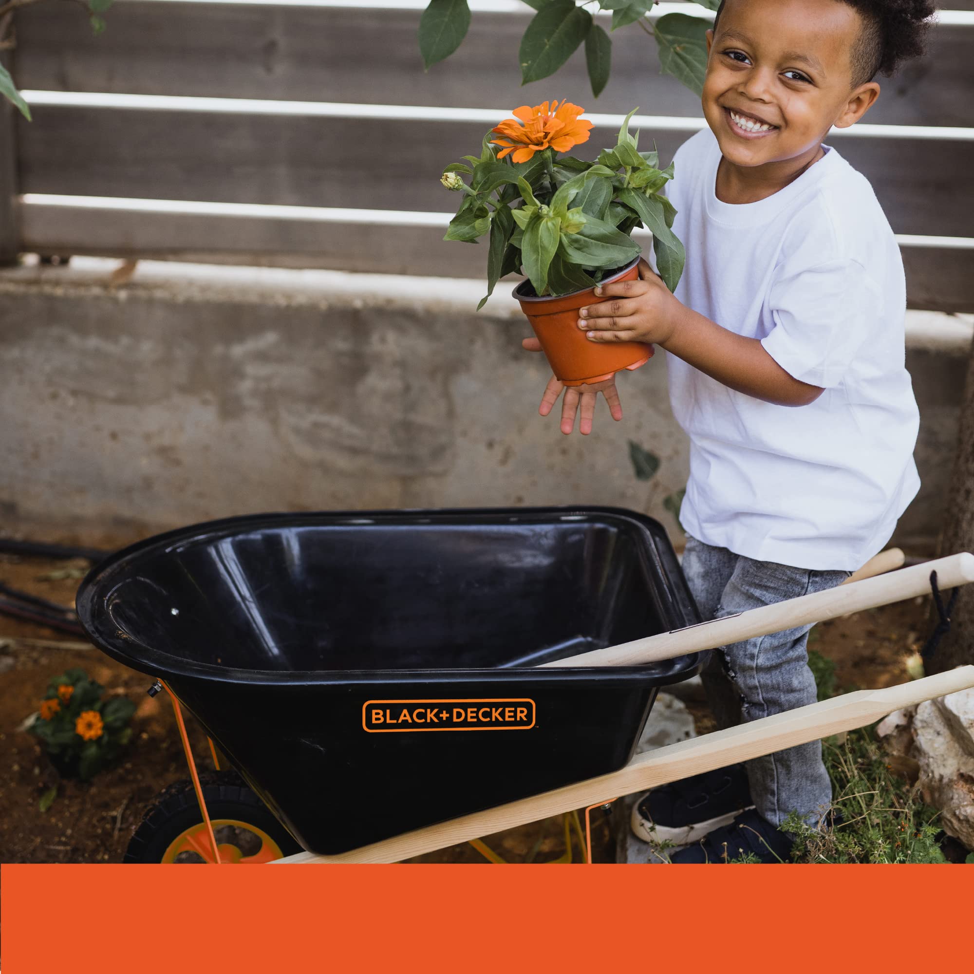 Black and Decker 20 Liter Realistic Wheelbarrow for Kids Ages 3 and up.