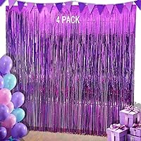 Purple Birthday Party Decorations - 4Pack of 3.2x8.2ft Purple Foil Fringe Curtains, Purple Streamers Backdrop Curtain for Mermaid Birthday Decorations Party Supplies