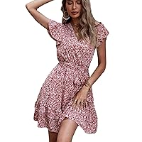 Women's Summer Dresses 2023 Sexy V-Neck Printed Five Quarter Sleeve High Waist A-Line Dress Casual Dresses