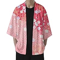 Men's Kimono Cardigan Jacket 3/4 Sleeve Open Front Japanese Style Shirt Bathrobe Lightweight Coat Loose Outwear