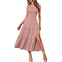 MEROKEETY Women's Summer One Shoulder Sleeveless Knot Smocked Midi Dress Split Tiered Flowy Dresses