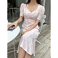 Dresses for Women - Floral Print Ruched Sweetheart Neck Puff Sleeve Ruffle Hem Dress (Color : Baby Pink, Size : Small)