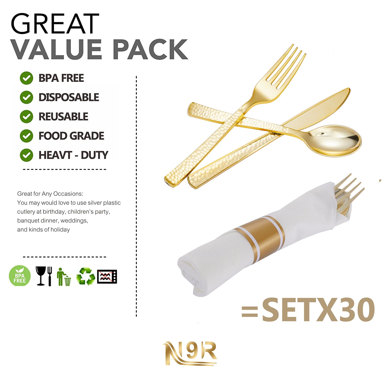 N9R 30 Pack Pre Rolled Gold Plastic Cutlery Set, Wrapped Plastic Silverware Set with 30 Forks, 30 Knives, 30 Spoons and 30 Napkins, Disposable Cutlery Set for Party and Wedding