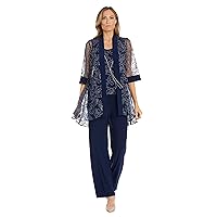 R&M Richards 3PC Glitter Embroidered Duster Jacket, Tank Top W/Attached Necklace and Pants Set.