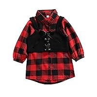 Toddler Baby Girl Christmas Outfit Balloon Sleeve Plaid Button Down Shirt Dress Tie-up Vest 2Pcs Clothes Set (Red,1-2T)