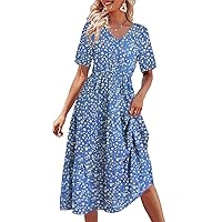 Fisoew Womens Summer Short Sleeve Dress Casual Floral V Neck Ruffle Flowy Tiered Midi Dresses
