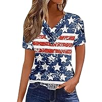 Womens Casual V Neck Short Sleeve T-Shirt 4Th of July Tops 2024 Fashion Star Flag Printed Buttons Patriotic Tunic Top