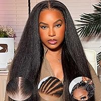 Beauty Forever Bye Bye Knots Put on and Go Glueless Yaki Straight Wig 7x5 Pre-Cut Lace Closure Wig,Easy to Wear Kinky Human Hair Beginners Wig for Women Pre Plucked 150% Density Natural Color 16 Inch