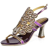 Women Open Toe Colorful Crystal Evening Heels Strappy Caged Metal Chunky Heels