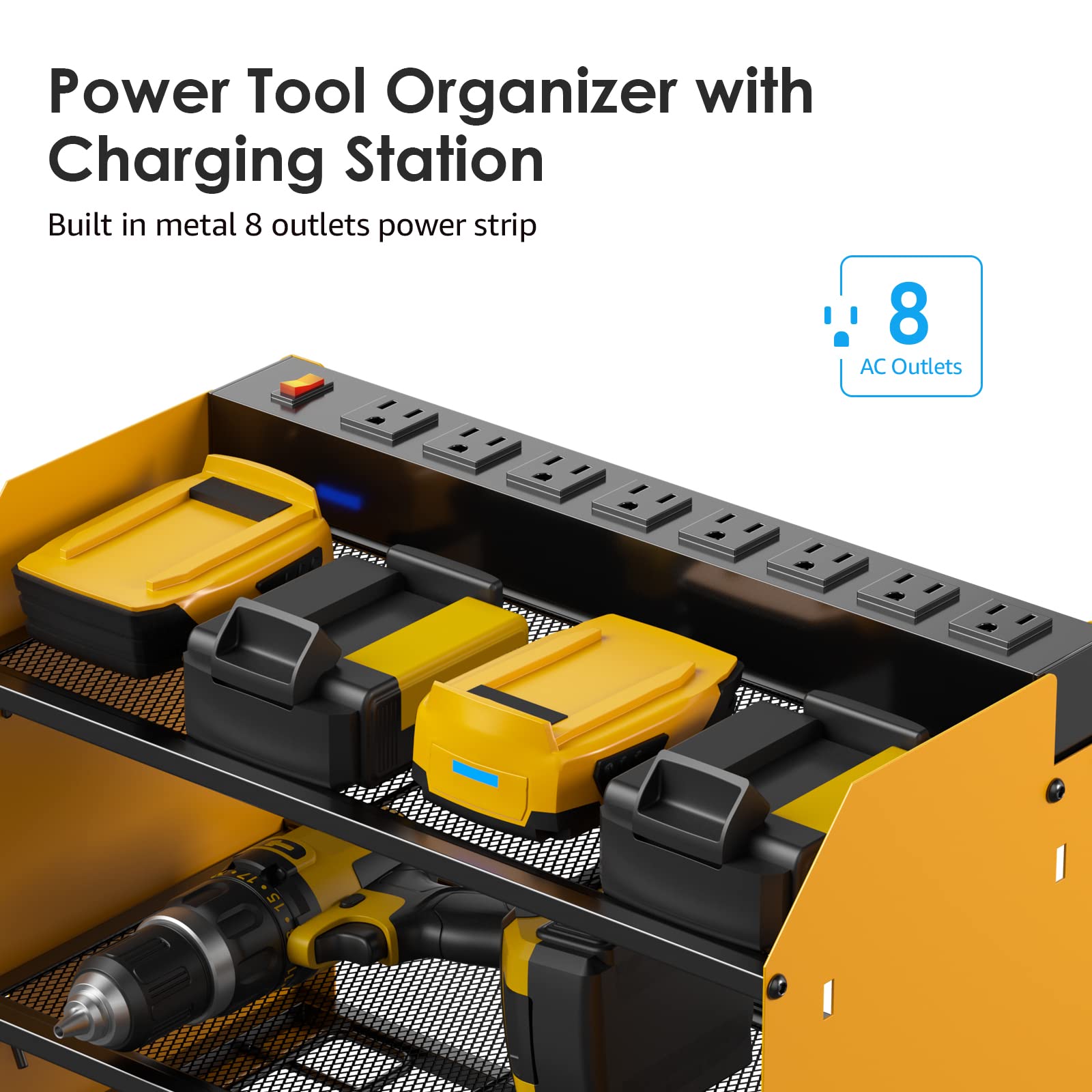 CCCEI Modular Power Tool Organizer Wall Mount Charging Station, Yellow 6 Drills Holder with 8 Plug Power Strip, Garage Drill Battery Heavy Duty Metal Shelf, Utility Rack with Hooks, Side Storage.