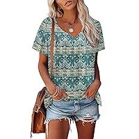 Womens Summer Tops 2024 Vacation Casual Pleated Short Sleeve Shirts Trendy V Neck Tee Shirt Loose House Floral Basic Blouse