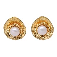 NOVICA Dyed Gray Cultured Freshwater Pearl Gold Plated Button Earrings 'Pearly Lotus'