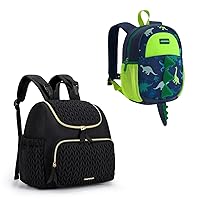 mommore Toddler Backpack Bundle with Diaper Bag Small Diaper Backpack, 3D Cartoon Dinosaur Backpack with Leash, Stylish Mommy and Toddler Baby Travel Backpacks(Black, Green)
